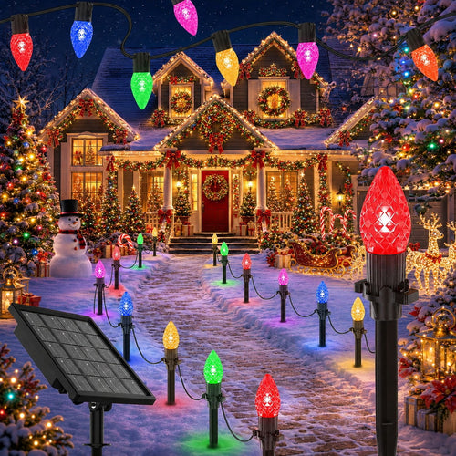 2 IN 1 Solar Christmas Lights C9 LED 33FT 25 LED with Ground Stakes Hanging Design Warm White Multicolor 8 Modes Waterproof for Garden Walkway Patio Christmas Decor