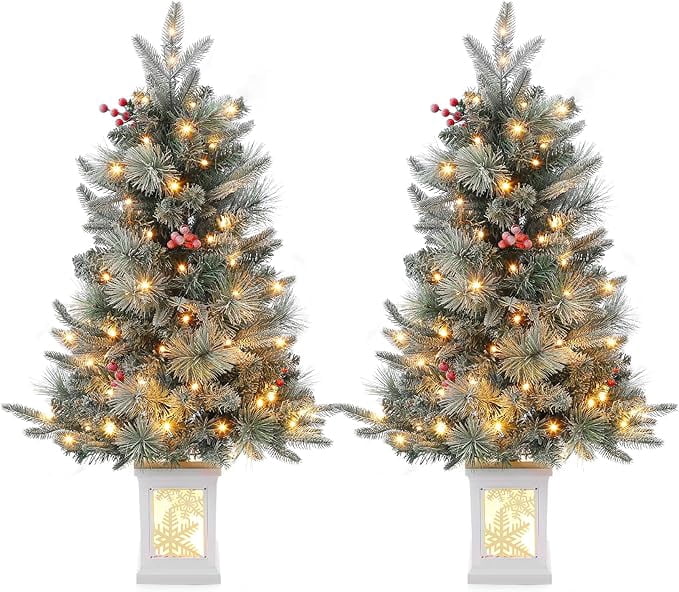 2 Pack 3FT Faux Frost Christmas Tree with Snowflake Light Box Base with 70PCS UL Listed 8 Mode Warm White Light Beads, Red Berry for Front Door, Porch, Entryway, Fireside Christmas Decoration