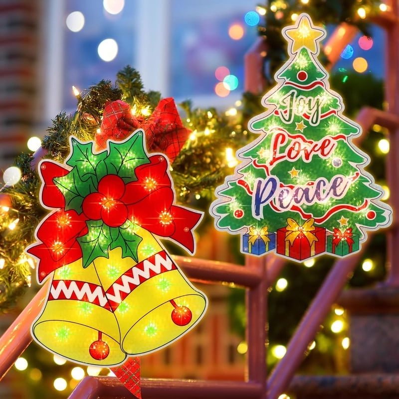2 Pack Lighted Christmas Tree and Bells Christmas Window Silhouette Lights Decorations,Window Sculpture Decoration for Christmas,Party,Home,Patio Lawn,Garden