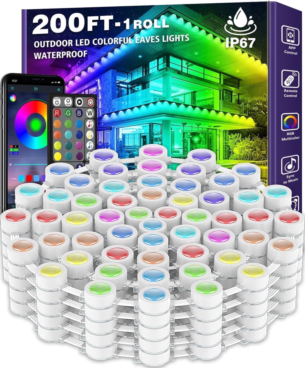 200FT Permanent Outdoor RGB Lights, IP67 Waterproof Eaves Lights with Smart App & Remote Control, DIY Scene Modes & Music Sync, Color Changing String Lights for Garden, Patio, Deck, Christmas Holiday