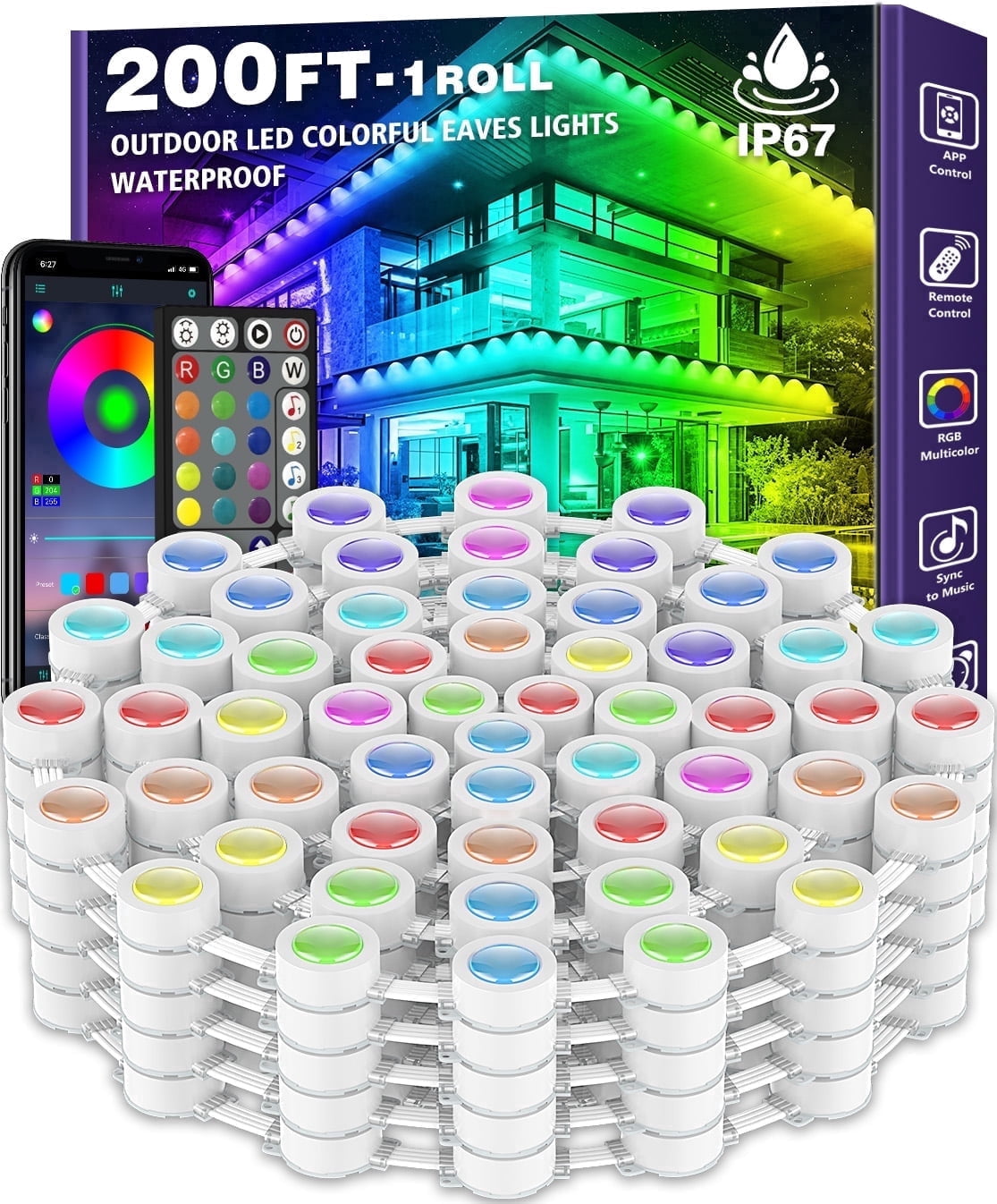 200FT Permanent Outdoor RGB Lights, IP67 Waterproof Eaves Lights with Smart App & Remote Control, DIY Scene Modes & Music Sync, Color Changing String Lights for Garden, Patio, Deck, Christmas Holiday
