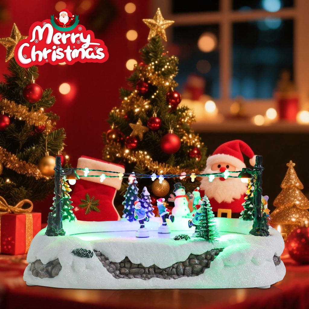 Christmas Village-Christmas Village Ice Skating Scene Decor with LED Lights,Festive Tabletop Decoration Featuring Skaters, Snowman & Trees, Ideal for Indoor Holiday Decor,Christmas Electric Decor