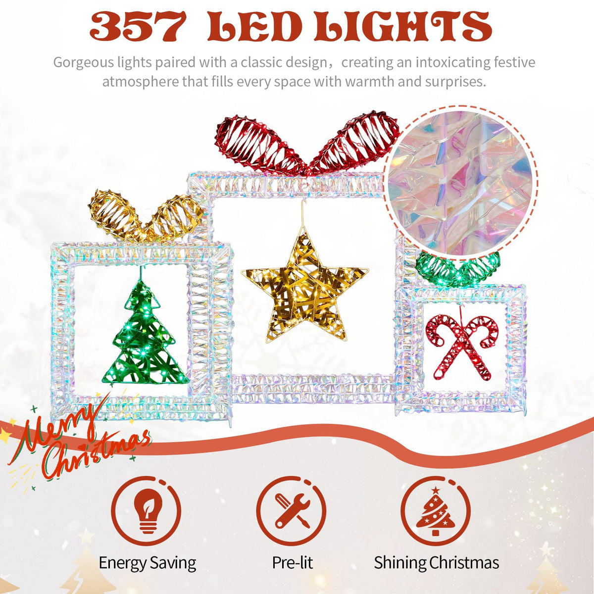 Set of 3 Lighted Iridescent Cut-out Gift Box Christmas Decorations, Pre-lit Holiday Decor with 357 White LED Lights for Xmas Outdoor Indoor Decor Lighted Holiday Displays