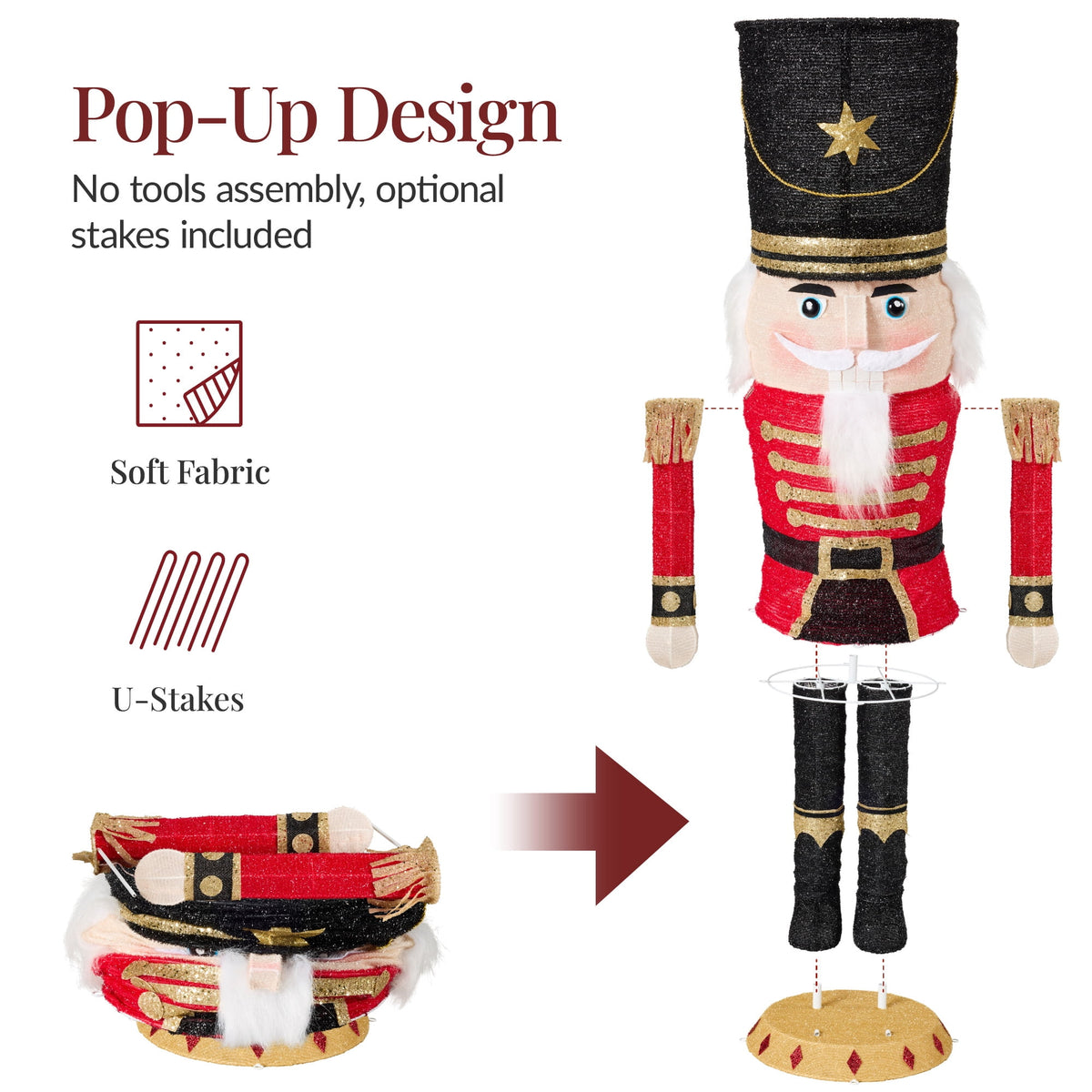 Christmas Nutcracker 5ft Pop upLighted Large Holiday Decoration w/150 Pre-Lit Twinkling LED lights for Outdoor, Indoor - Red/Black