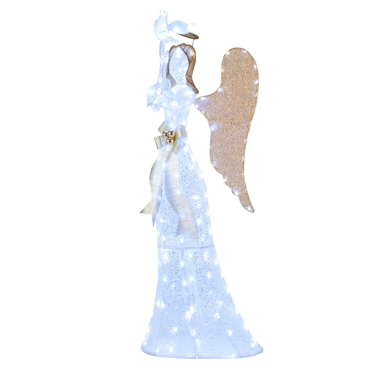 Gymax 3D Lighted Angel Christmas Decoration w/Pigeon Golden Wings 150 LED Lights White & Gold