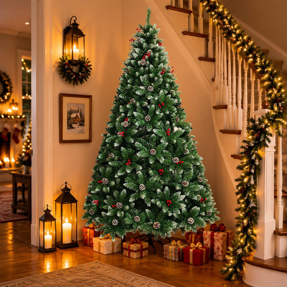 Yexmas 7.5FT Pre-Lit Christmas Tree with Pinecones and Red Berries,Artificial Green Xmas Tree with Large Storage Bag for Home, Office, Party Decoration