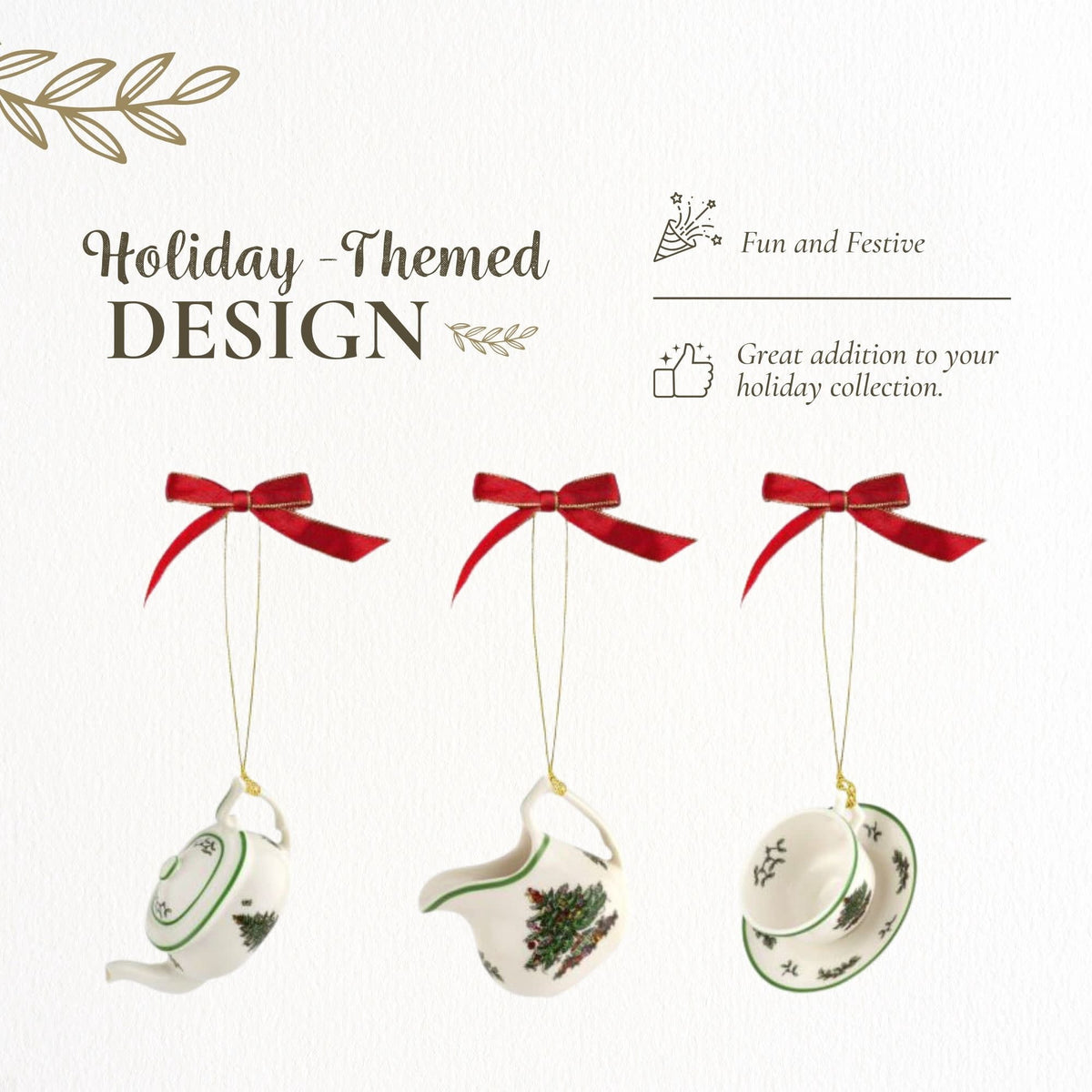 Spode Christmas Tree 3-Piece Tea Set Ornament, Durable Holiday Ornament for Festive Decor & Winter Wonderland Display - Sleek Seasonal Ornaments for Tree, Mantel, Holiday Home Decoration