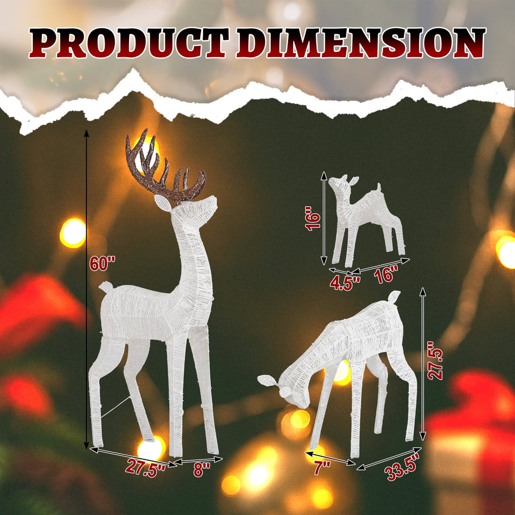 Christmas Decoration for Outdoor, Golden Lighted Christmas Deer Reindeer Family Set, 3 PCS Christmas Ornament with 280 Warm Lights, for Yard Patio Garden Party Home Decor