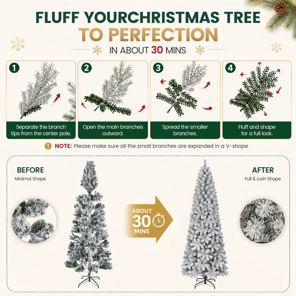 FUNDAZE 6FT Pre-Lit Snow Flocked Slim Artificial Christmas Tree, 550 Tips, 200 Dual-Color LED Lights & 11 Modes for Home, Party & Garden