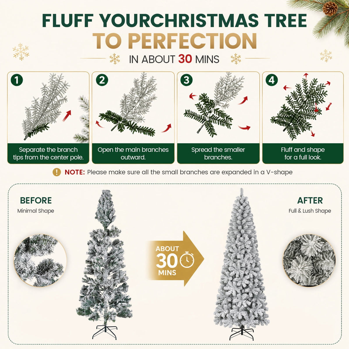 FUNDAZE 6FT Pre-Lit Snow Flocked Slim Artificial Christmas Tree, 550 Tips, 200 Dual-Color LED Lights & 11 Modes for Home, Party & Garden