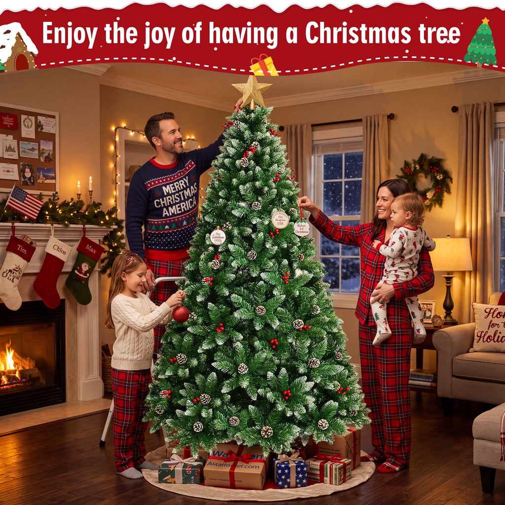 Yexmas 7.5FT Pre-Lit Christmas Tree with Pinecones and Red Berries,Artificial Green Xmas Tree with Large Storage Bag for Home, Office, Party Decoration