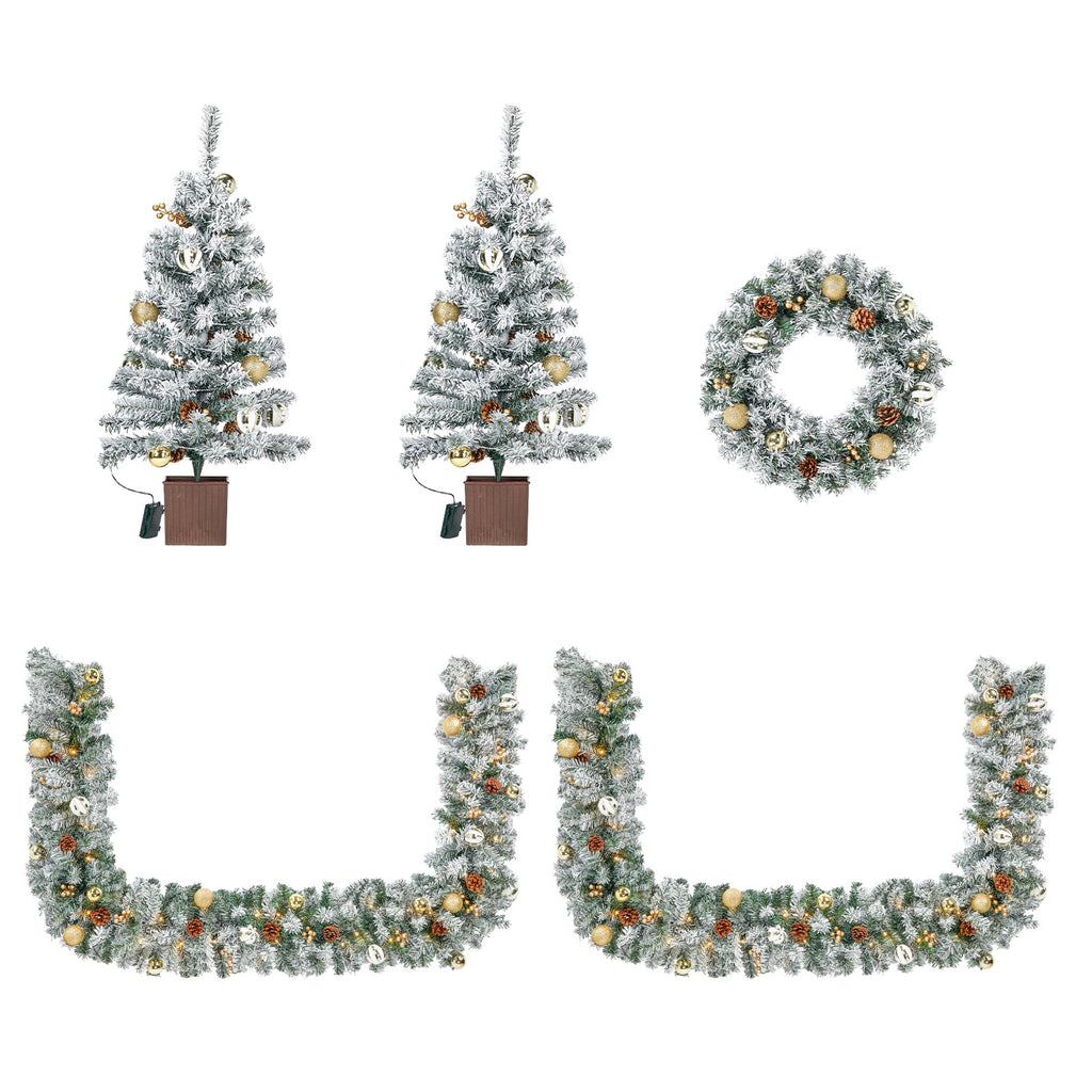 Pre-Lit Christmas Tree Decorations Set, 4 Pcs Indoor Outdoor Christmas Decorations W/ 2 Lighted Christmas Trees Wreath Garland, Artificial Christmas Xmas Decorations with 10 Light Modes, Dark Green