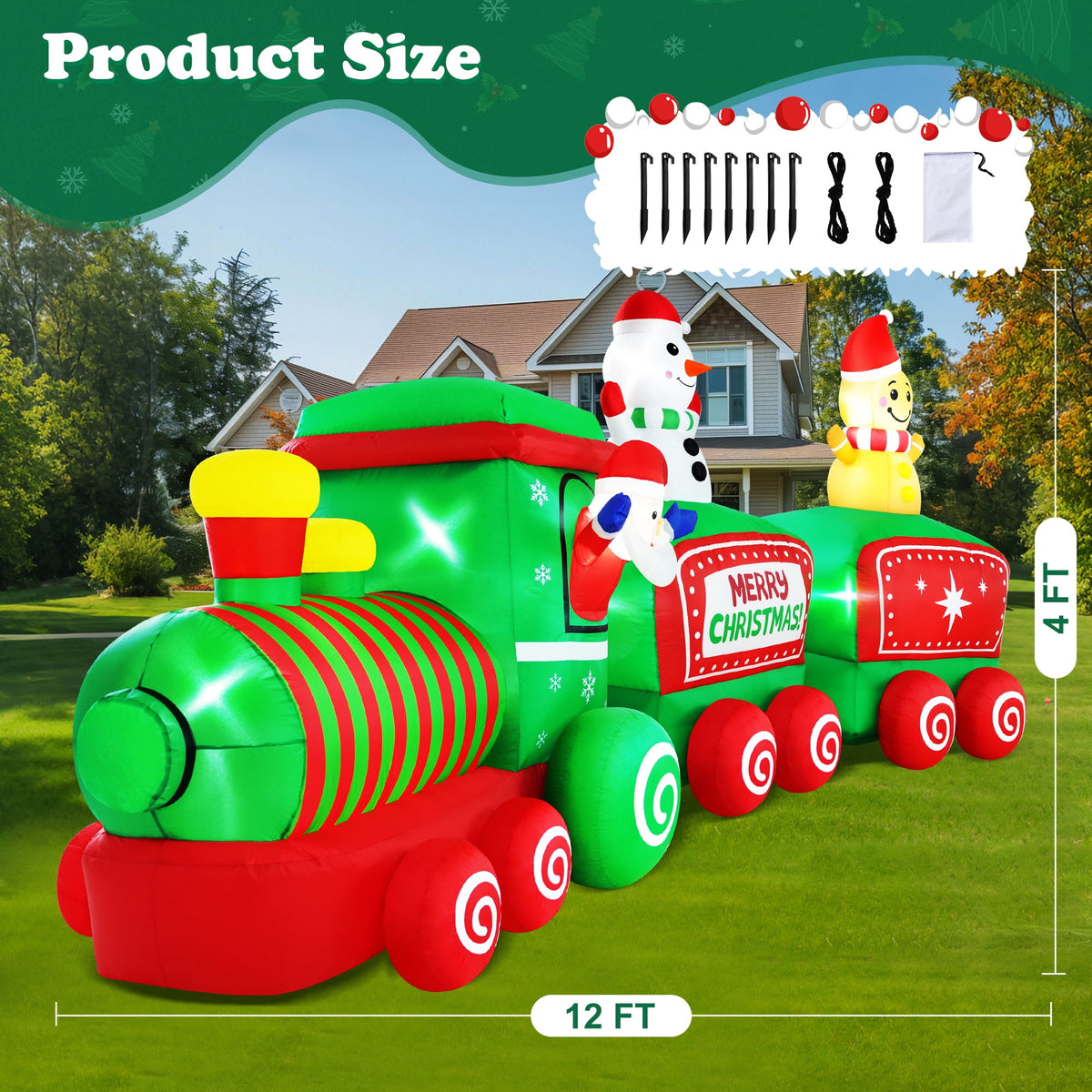 Yexmas 12FT Christmas Inflatable Train, Blow up Yard Decor Built-in LED Lights with Santa Snowman Gingerbread Man for Holiday Christmas Party Yard Garden and Lawn