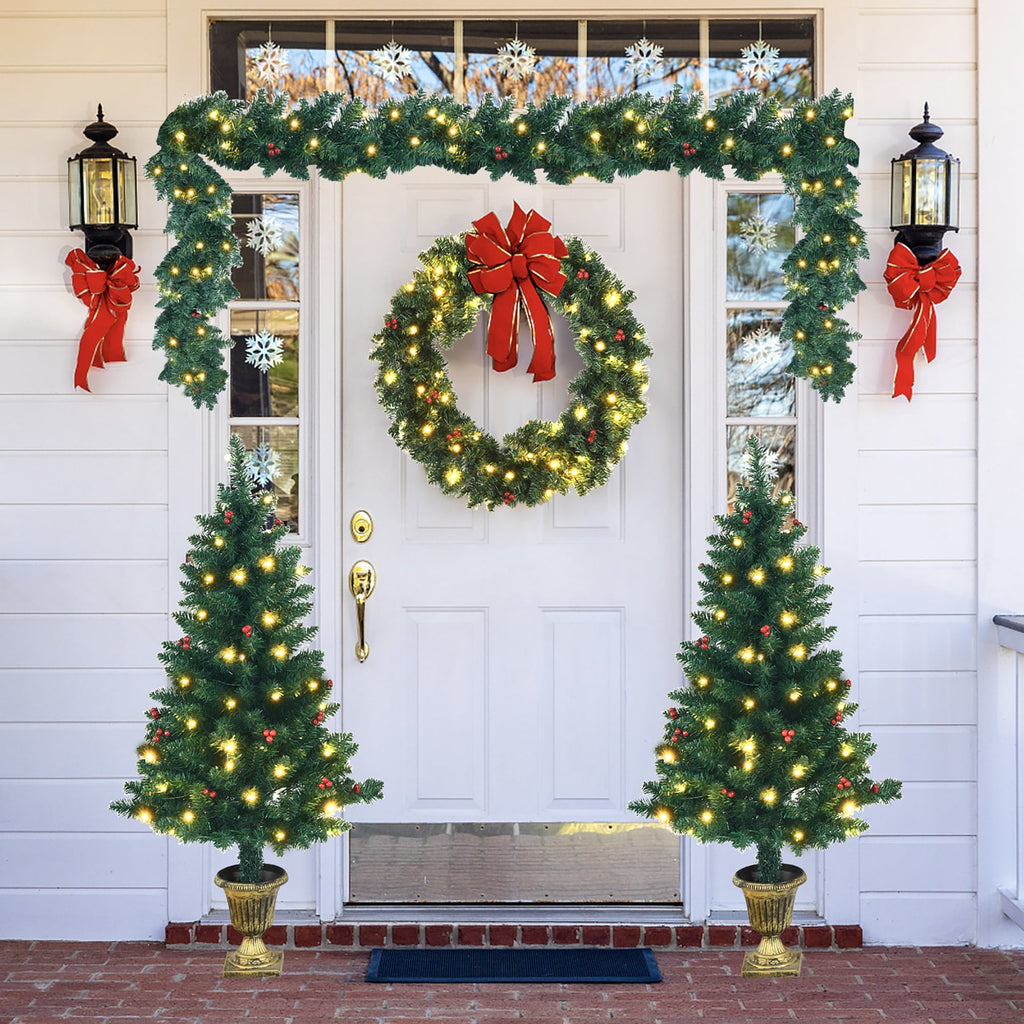 Costway 4pcs Pre-lit Christmas Decoration Set w/ Garland Wreath & Entrance Trees