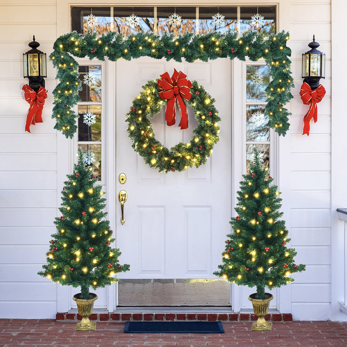 Costway 4pcs Pre-lit Christmas Decoration Set w/ Garland Wreath & Entrance Trees