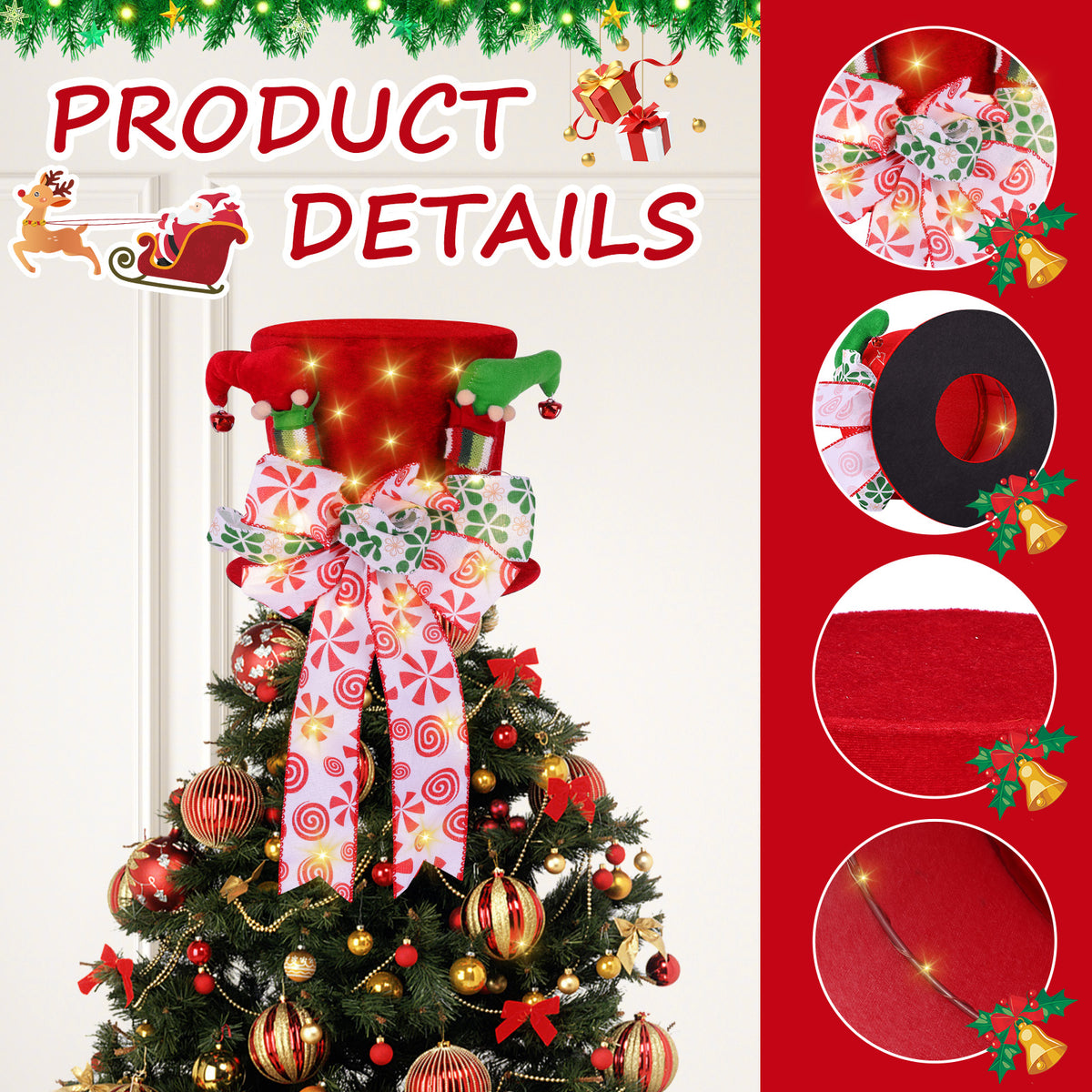 Christmas Tree Decoration Hat, Big Red Hat Decoration Hat, Family Christmas Holiday Winter Decoration With Lights