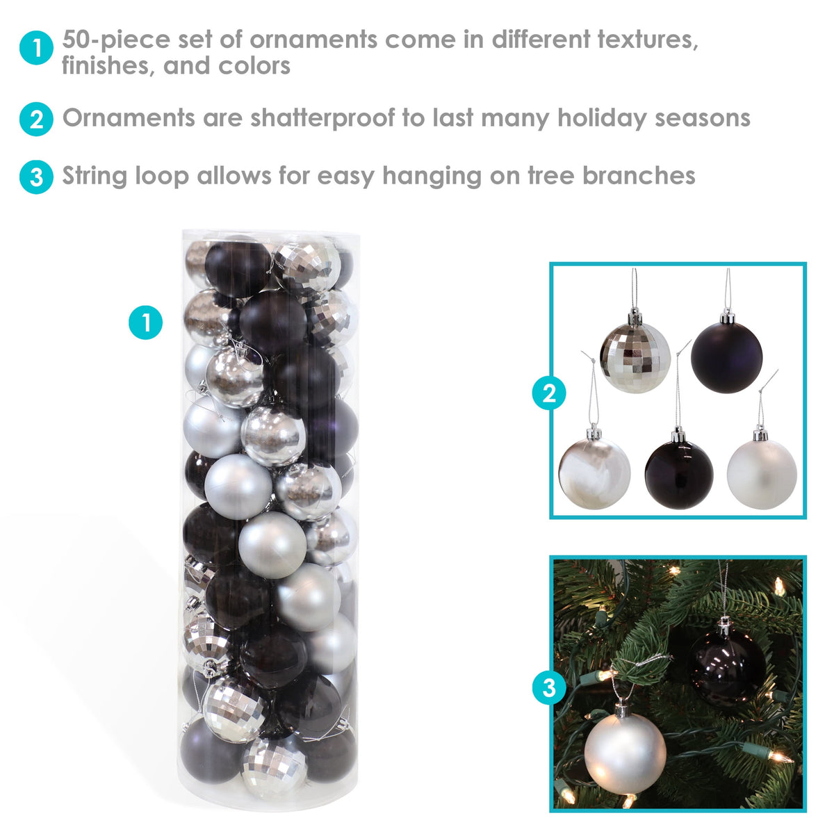 Sunnydaze Modern Holiday Black/Silver Plastic Christmas Ornament Balls, 50 Count
