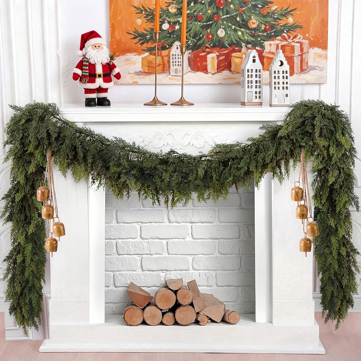 -2Pcs 9 FT Artificial Cedar Garlands, Real Touch Winter Cedar Pine Garland, Green Artificial Greenery Garland for Table, Mantle, Wall, Indoor, Outdoor Christmas Decorations