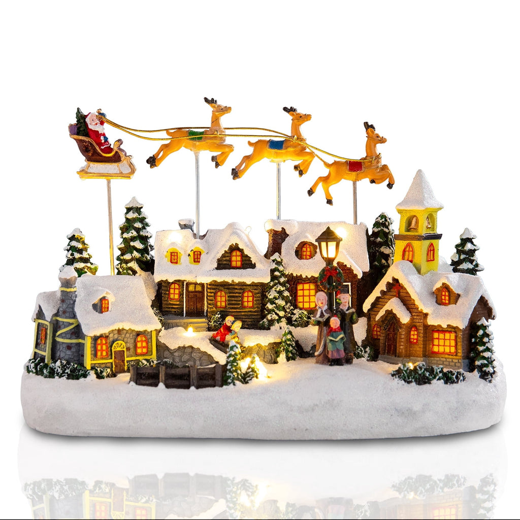 Christmas Village Decor with Rotating Santa & Reindeer,LED Lighting House Crafts Decoration for Home Holiday Christmas Decoration