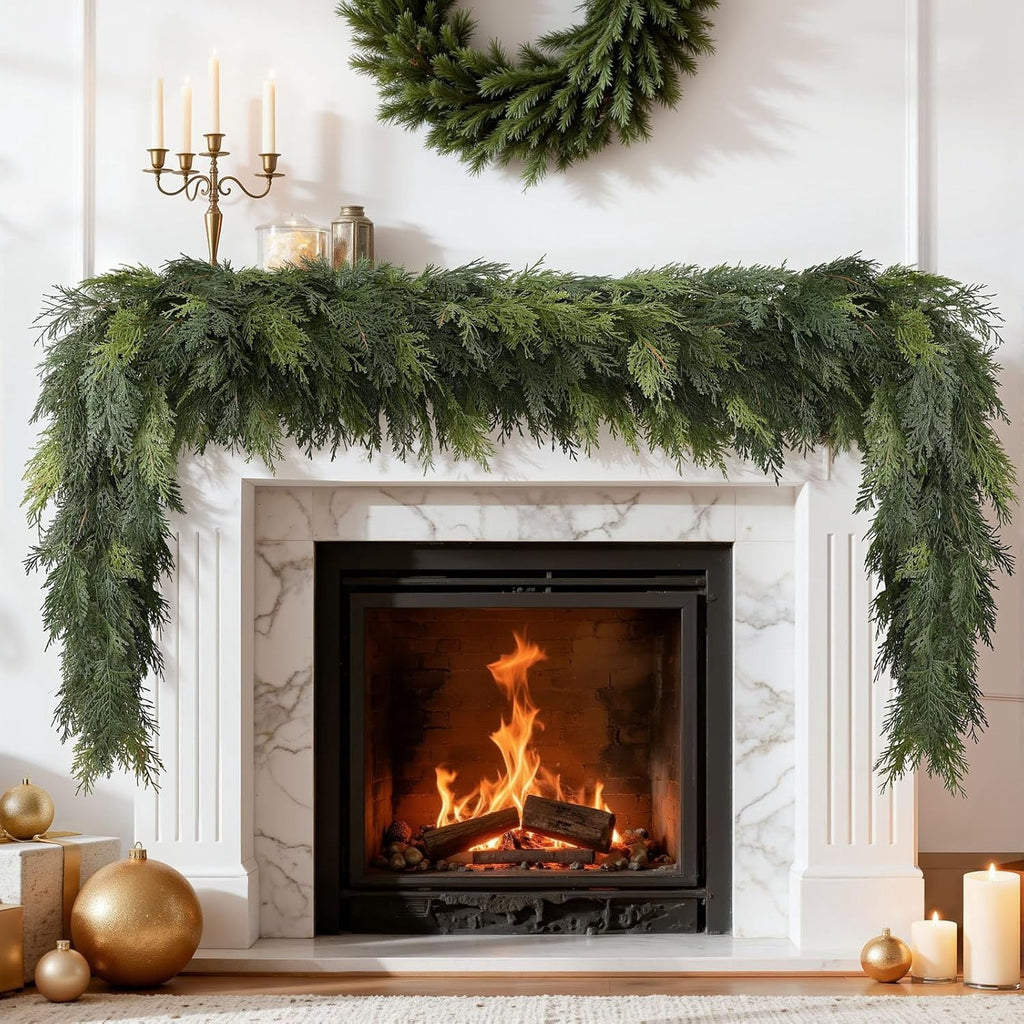  2Pcs 6FT Artificial Christmas Cedar Garland, Realistic Faux Cypress Greenery Garland for Mantel, Stair Railing, Christmas Tree, Perfect Choice for Xmas Decoration