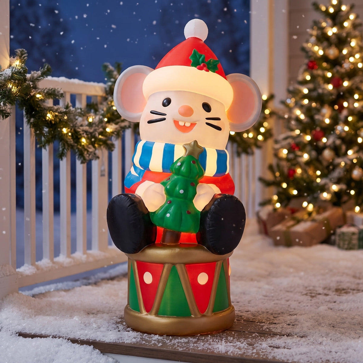 Lighted Blow Mold Drum Mouse Indoor/Outdoor Christmas Decoration, Multicolor, 32", by 