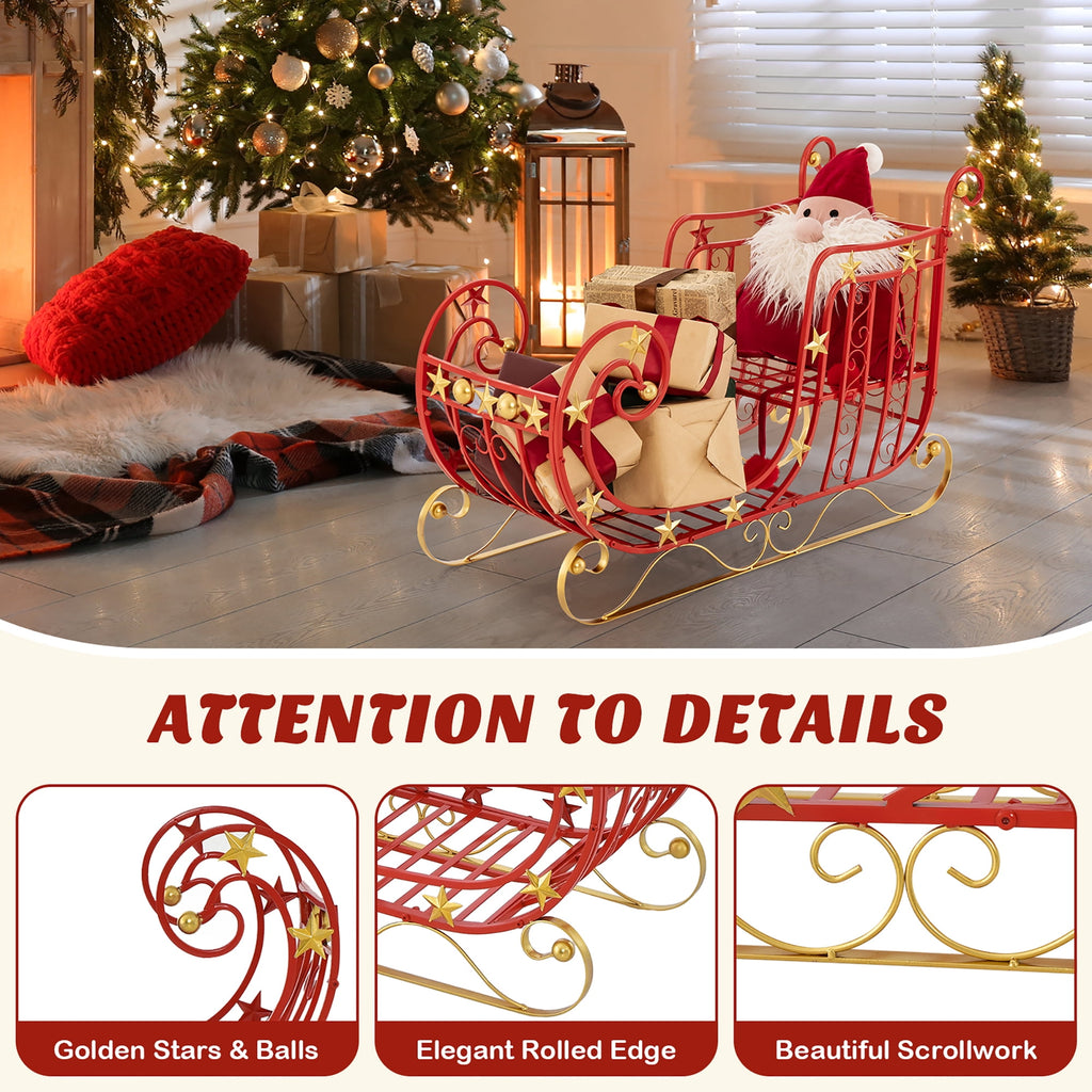 Gymax Christmas Metal Sleigh Large Red Santa Sleigh Decoration w/ Big Loading Area for Gifts