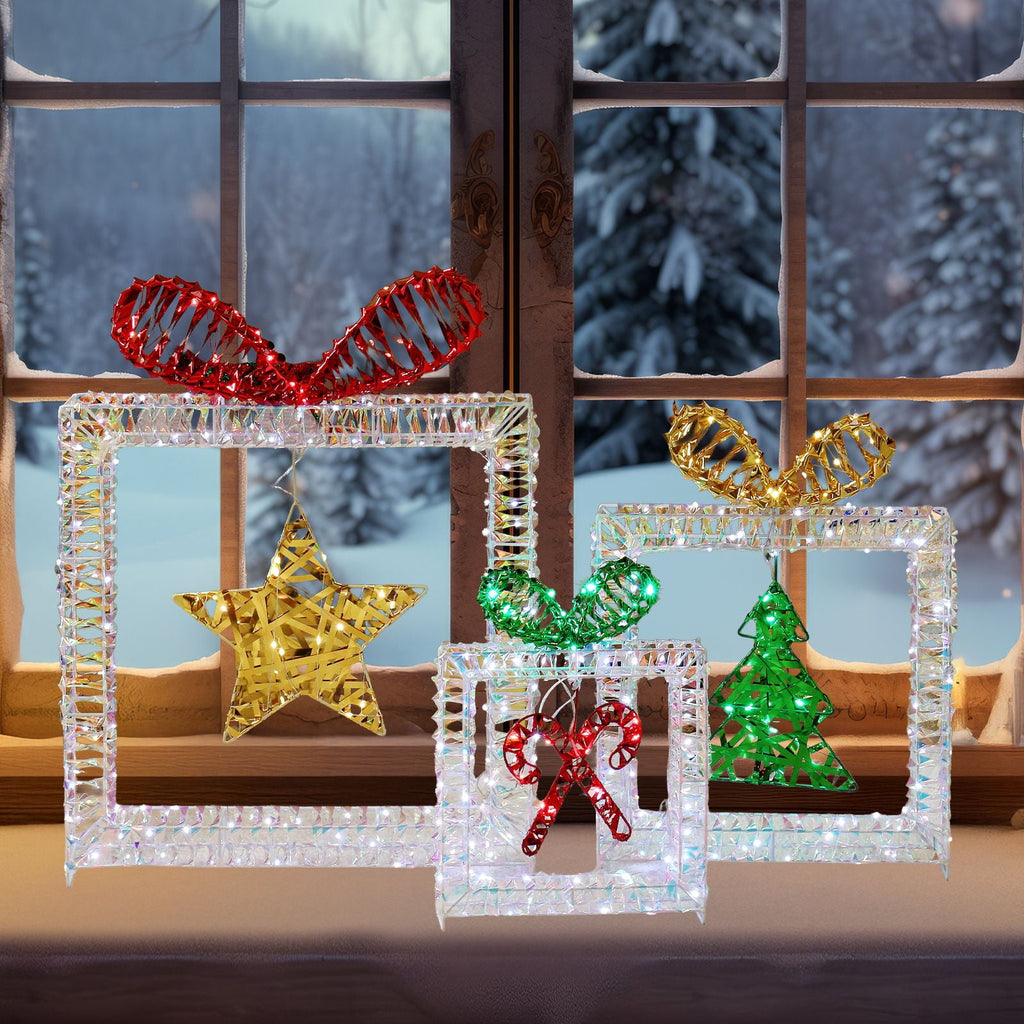 Set of 3 Lighted Iridescent Cut-out Gift Box Christmas Decorations, Pre-lit Holiday Decor with 357 White LED Lights for Xmas Outdoor Indoor Decor Lighted Holiday Displays