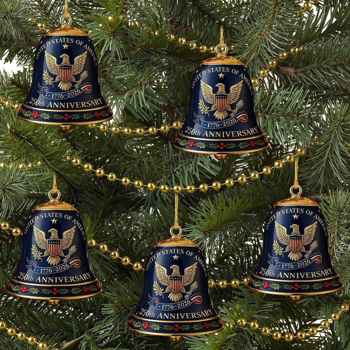 United States 250th Anniversary Bell Ornament, 250th Anniversary Metal Bell Ornament �?? 1776-2026 Red & Gold Patriotic Christmas Tree Hanging Decor, Shatterproof Holiday Ornament Gift (2PCS)