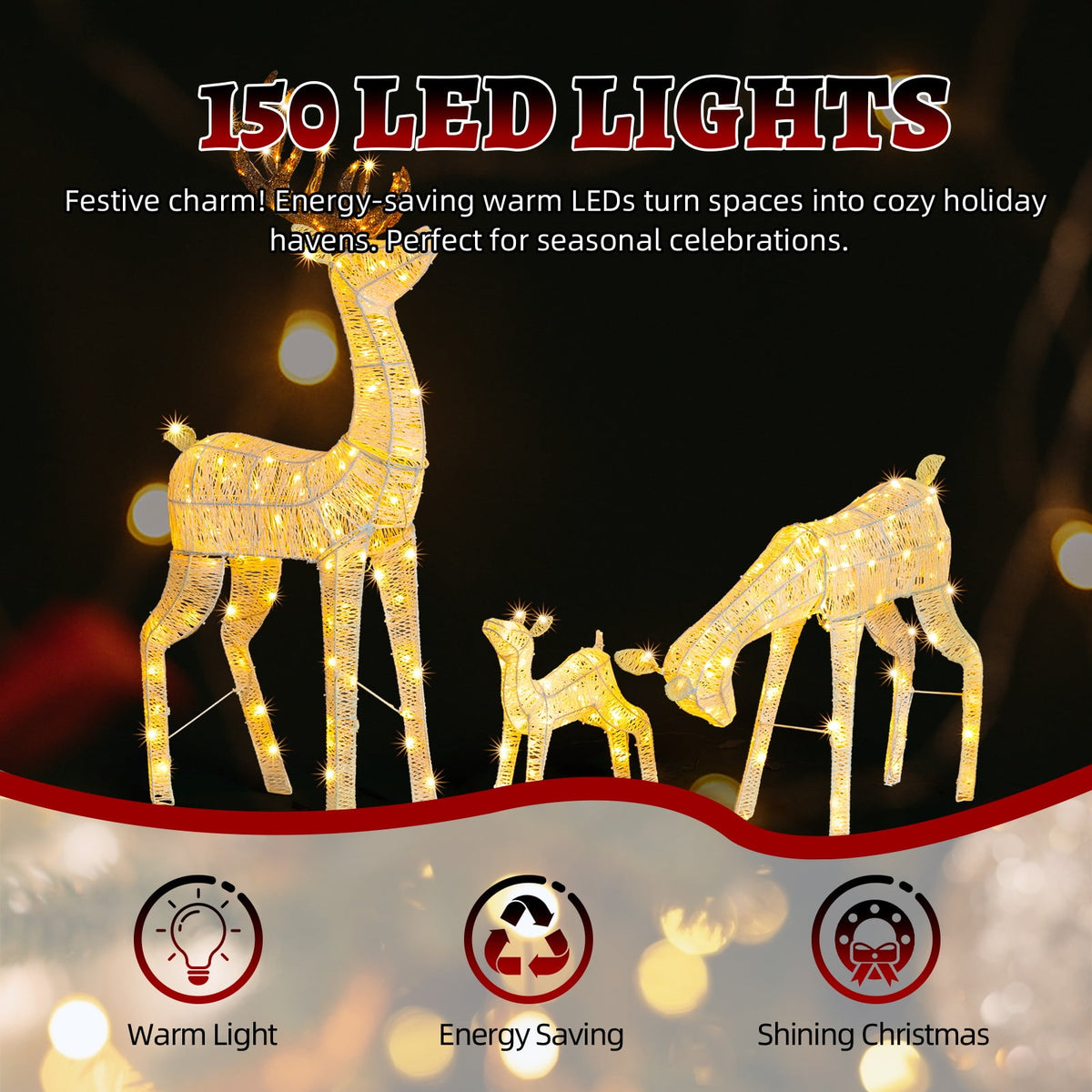 Christmas Decoration for Outdoor, Golden Lighted Christmas Deer Reindeer Family Set, 3 PCS Christmas Ornament with 280 Warm Lights, for Yard Patio Garden Party Home Decor