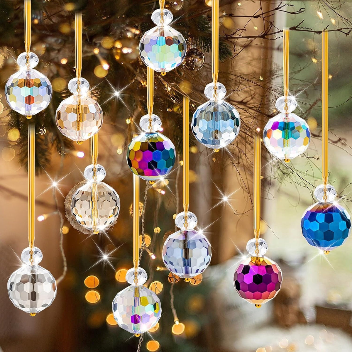 Crystal Christmas Ornaments,24 Pcs Glass Prism Ball,Crystal Xmas Tree Ornaments,Hanging Ornament Ball for Xmas Tree Bridal Wedding Birthday Party Decor(12 White  12 Multi-color)