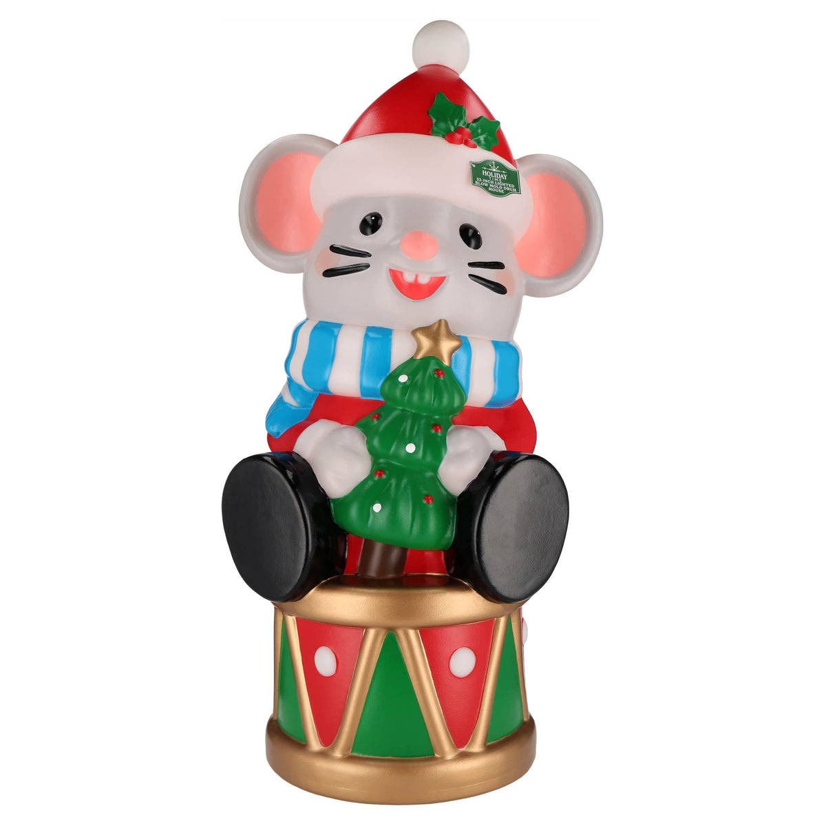 Lighted Blow Mold Drum Mouse Indoor/Outdoor Christmas Decoration, Multicolor, 32", by 