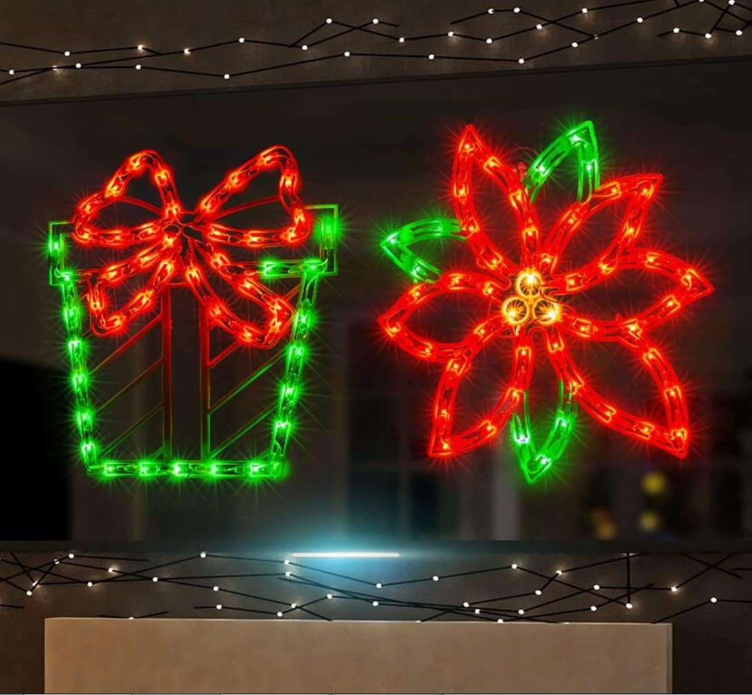 2PACK Lighted Poinsettia Flower and Xmas Gift Christmas Window Silhouette Decoration Lights for Christmas,Party,Home,Patio Lawn,Garden