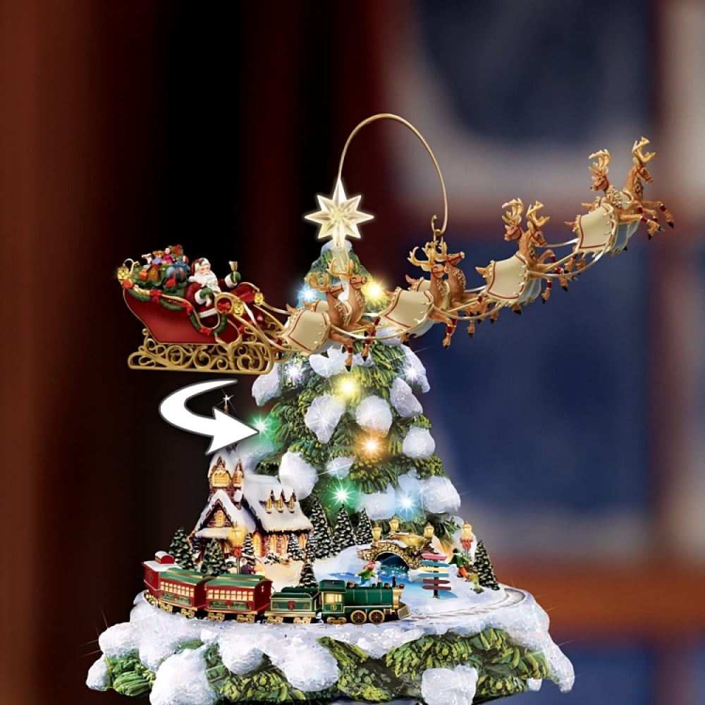 The Bradford Exchange Thomas Kinkade Wonderland Express Christmas Tree Decoration With Santa Sleigh Topper Lights Moving Train and Music With 8 Beloved Xmas Carols 16"-Inches