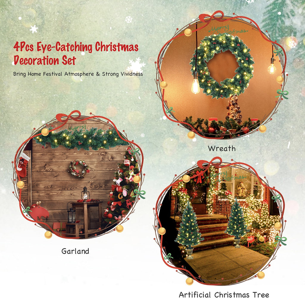 Costway 4pcs Pre-lit Christmas Decoration Set w/ Garland Wreath & Entrance Trees