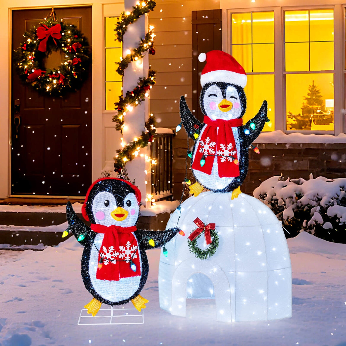 Costway Lighted Christmas Decoration Penguins Igloo 170 White LED Lights for Home Lawn