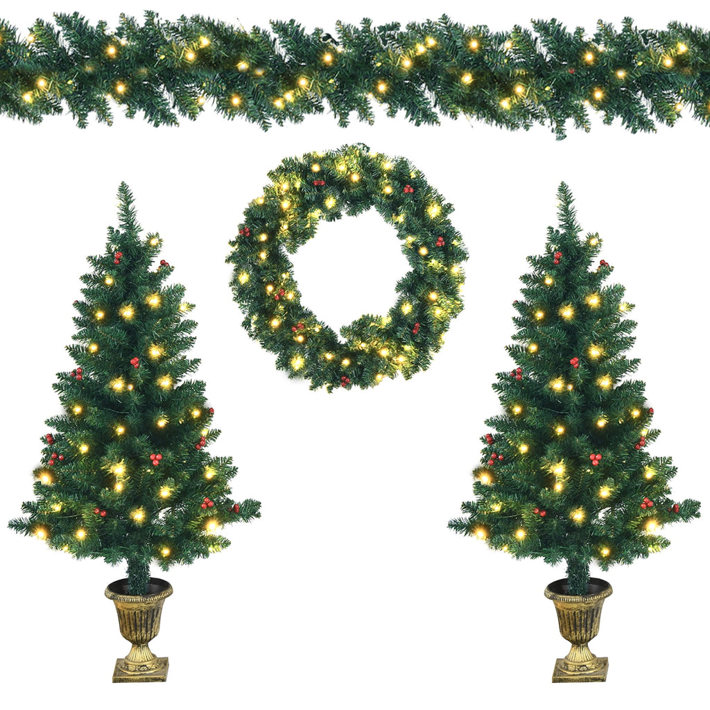Costway 4pcs Pre-lit Christmas Decoration Set w/ Garland Wreath & Entrance Trees