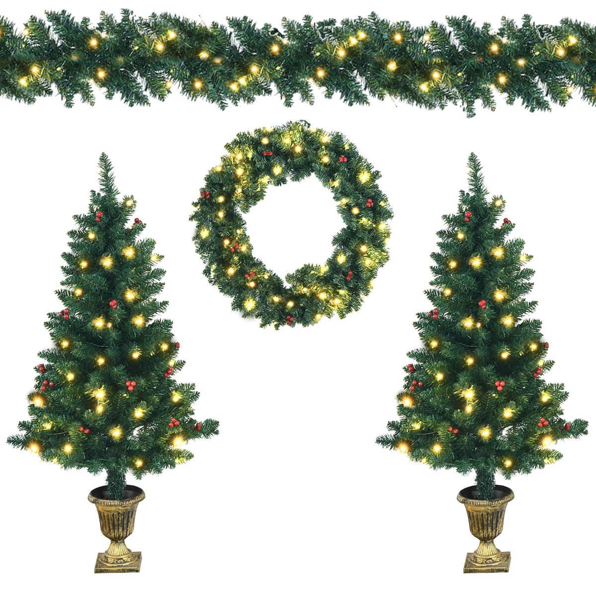 Costway 4pcs Pre-lit Christmas Decoration Set w/ Garland Wreath & Entrance Trees