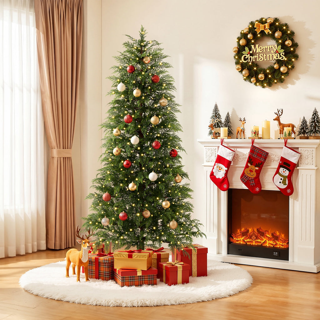  7.5' Pre-Lit Green Cypress Artificial Christmas Tree with 500 Warm White Twinkle LED Lights, Full-Bodied Xmas Tree with Metal Stand, Indoor Holiday Decoration