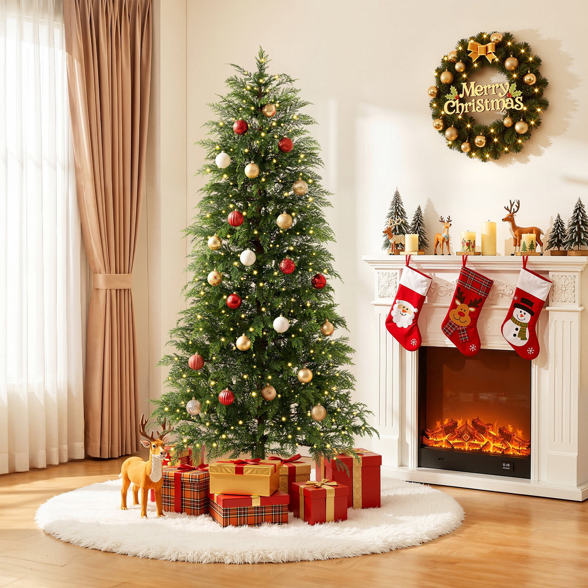  7.5' Pre-Lit Green Cypress Artificial Christmas Tree with 500 Warm White Twinkle LED Lights, Full-Bodied Xmas Tree with Metal Stand, Indoor Holiday Decoration