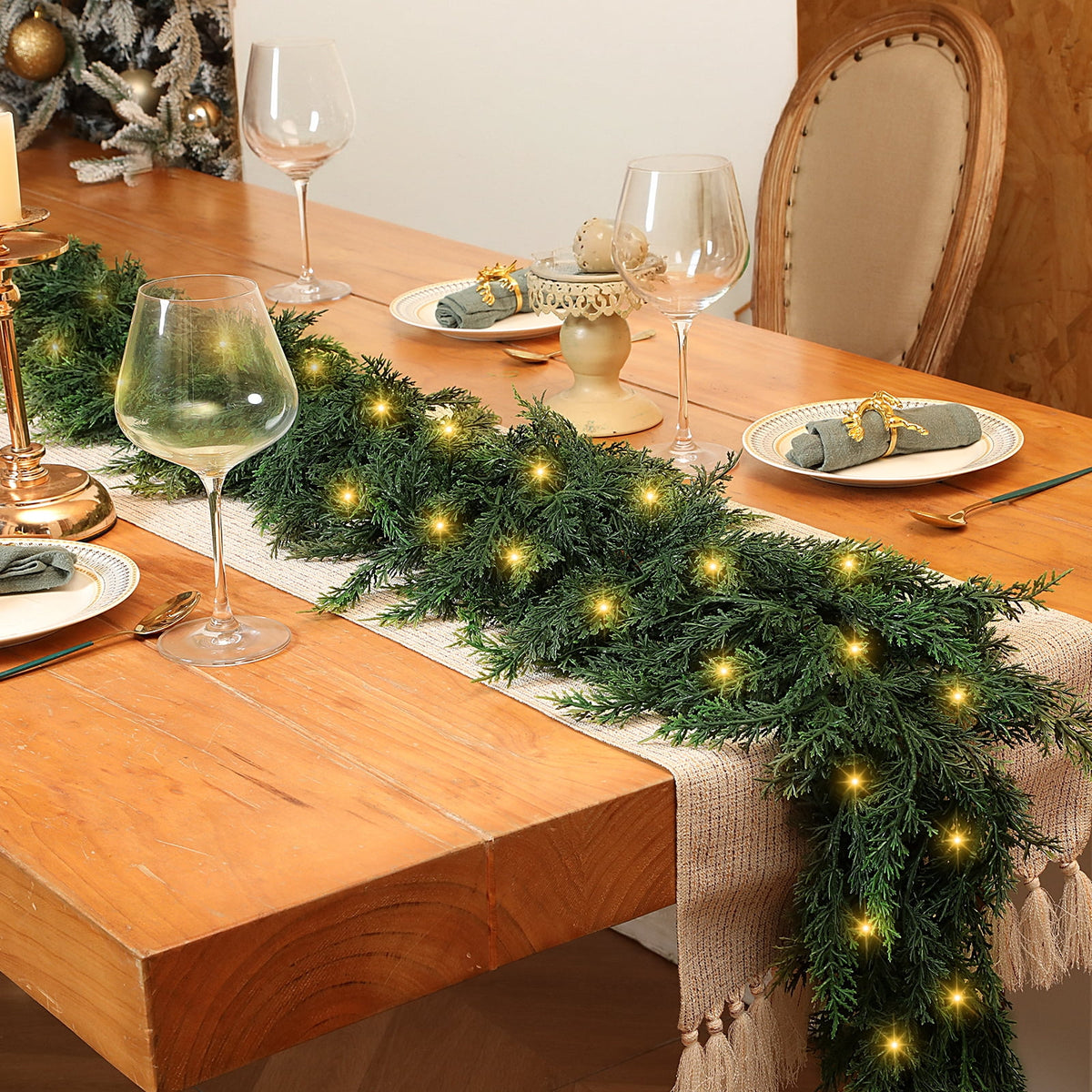 9ft Artificial Cedar Garland with Lights, Norfolk Pine Christmas Garland for Holiday Winter Mantle, Wall, Fireplace, Staircase Indoor Outdoor Decor