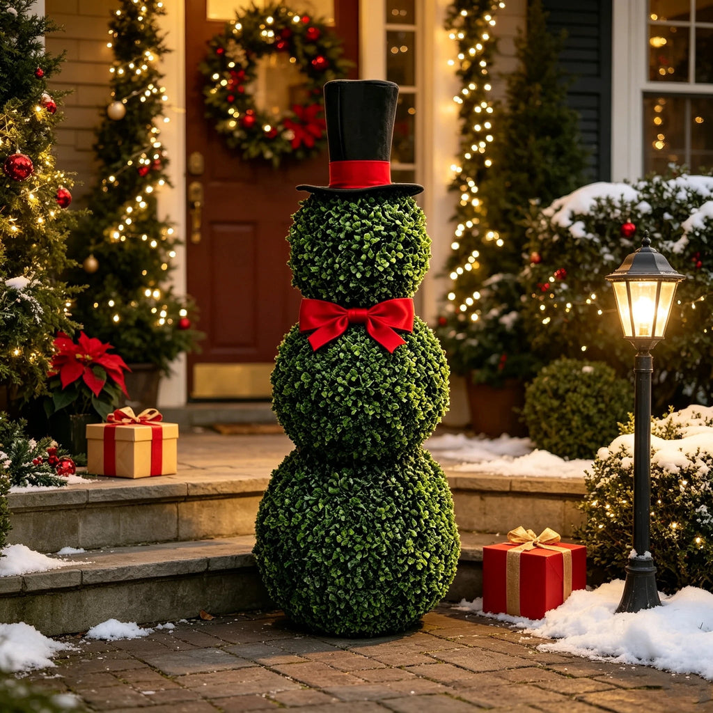 2 Pack Snowman Topiary Christmas Decoration, Artificial Boxwood Snowman Tree, Christmas Decor Indoor Outdoor, 32"