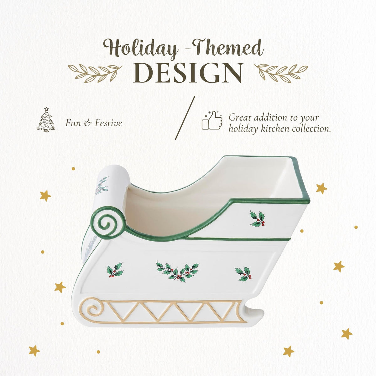 Spode Christmas Tree Figural Sleigh, 7.5" Dolomite Decorative Holiday Sleigh for Christmas Table Decor, Candy Holder, Snack Dish - Holiday Serveware & Festive Christmas Decorations
