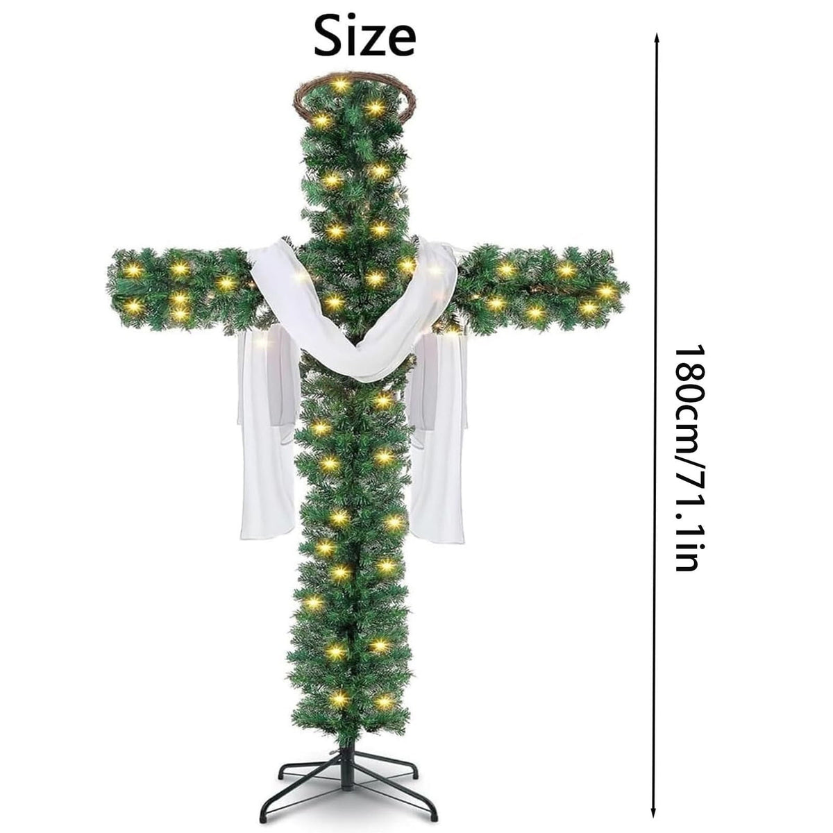  6Ft Cross Christmas Tree,Foldable Cross Christmas Tree,Christmas Tree Shaped Like a Cross,Pre-Lit Artificial Pine Christmas Cross,with 50 LED Light and Silk Scarf Wood Rattan Ring