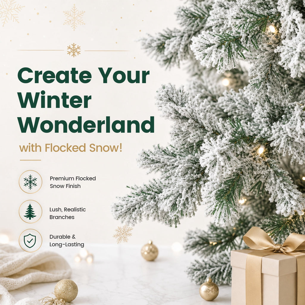 FUNDAZE 6FT Pre-Lit Snow Flocked Slim Artificial Christmas Tree, 550 Tips, 200 Dual-Color LED Lights & 11 Modes for Home, Party & Garden