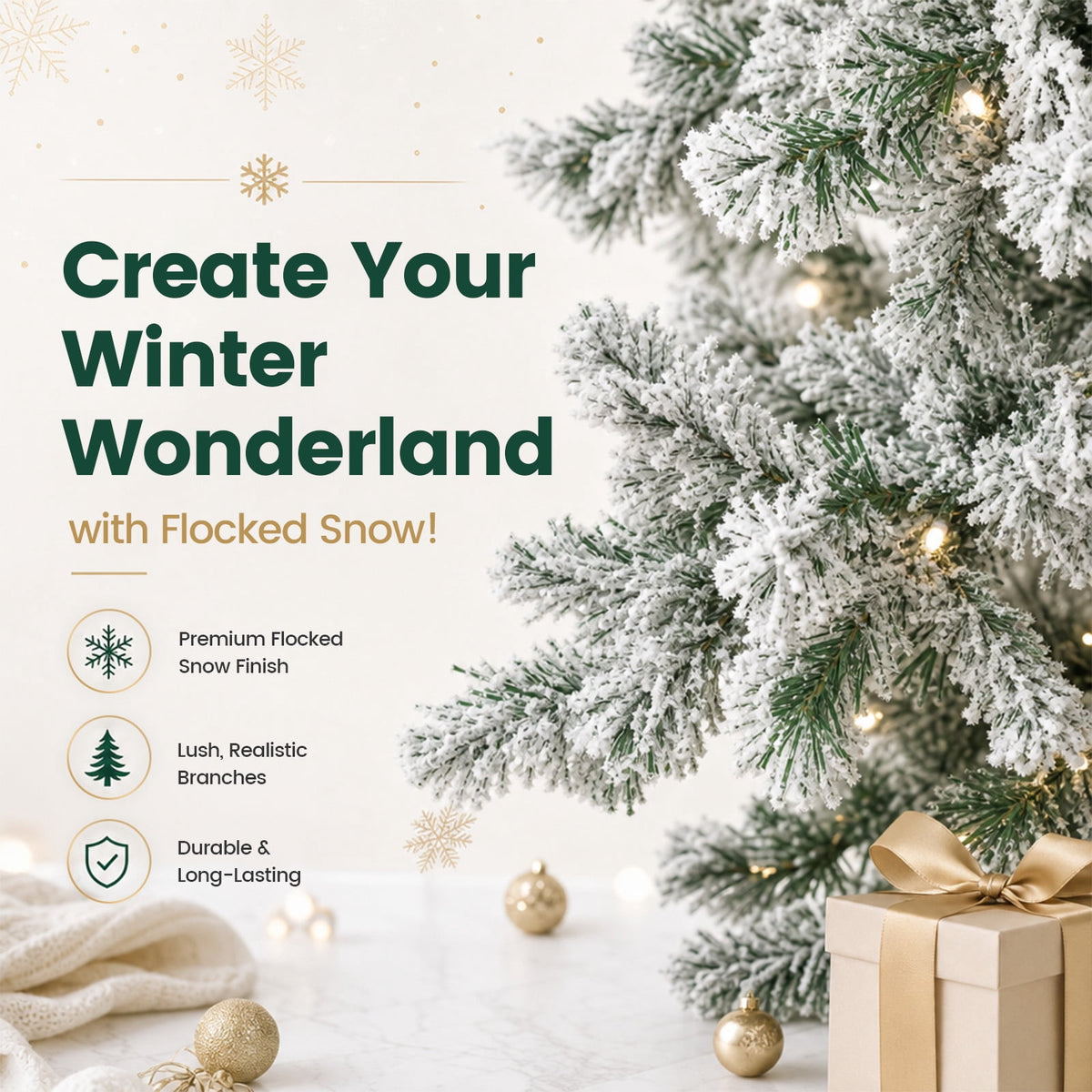 FUNDAZE 6FT Pre-Lit Snow Flocked Slim Artificial Christmas Tree, 550 Tips, 200 Dual-Color LED Lights & 11 Modes for Home, Party & Garden