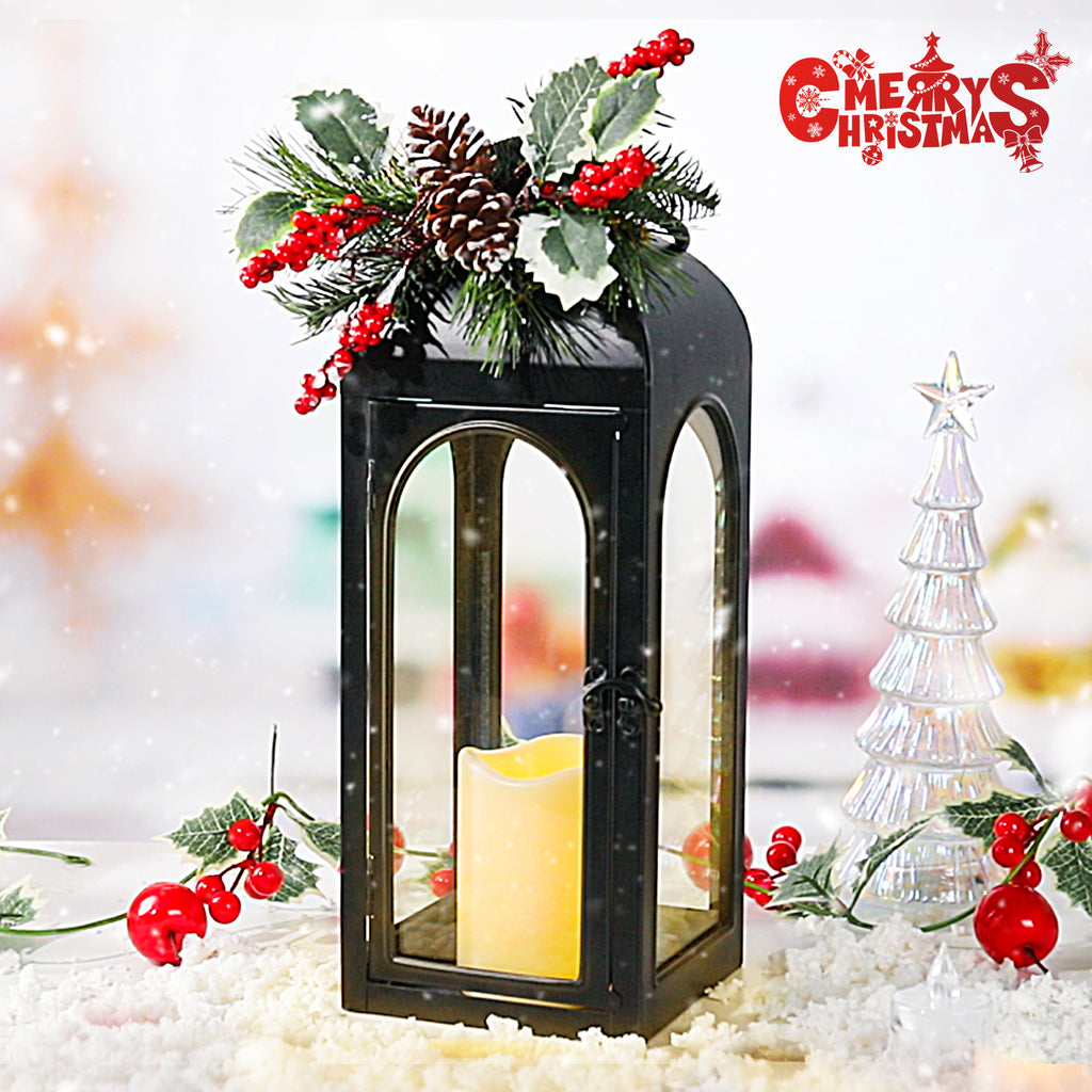 Christmas Decorative Lantern with LED Flameless Candle & Holiday Greenery,Black Metal Lantern with LED Candle Lit Decorations,Christmas Decor