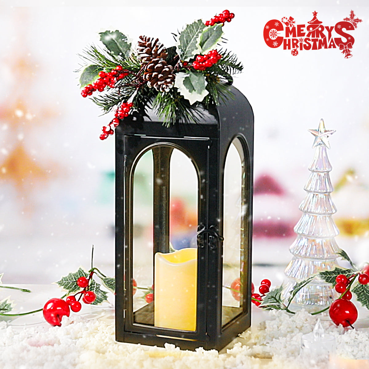 Christmas Decorative Lantern with LED Flameless Candle & Holiday Greenery,Black Metal Lantern with LED Candle Lit Decorations,Christmas Decor