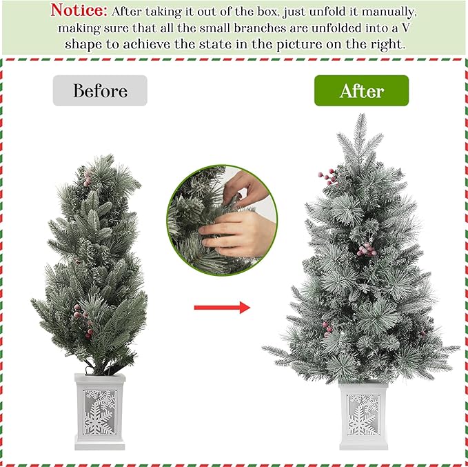 2 Pack 3FT Faux Frost Christmas Tree with Snowflake Light Box Base with 70PCS UL Listed 8 Mode Warm White Light Beads, Red Berry for Front Door, Porch, Entryway, Fireside Christmas Decoration