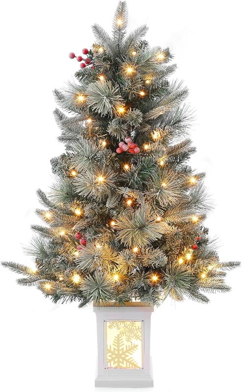 Merriva™ 2 Pack 3FT Faux Frost Christmas Tree with Snowflake Light Box Base with 70PCS UL Listed 8 Mode Warm White Light Beads, Red Berry