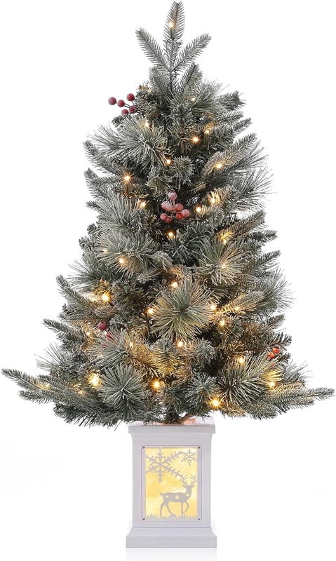 Merriva™ 2 Pack 3FT Faux Frost Christmas Tree with Snowflake Light Box Base with 70PCS UL Listed 8 Mode Warm White Light Beads, Red Berry